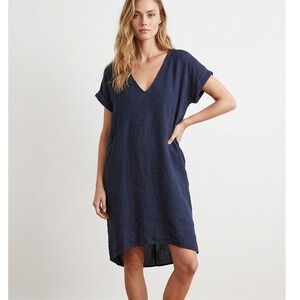 Esby Alice Tunic Dress Navy Linen Cocoon Shift XS Lagenlook Quiet Luxury Coastal
